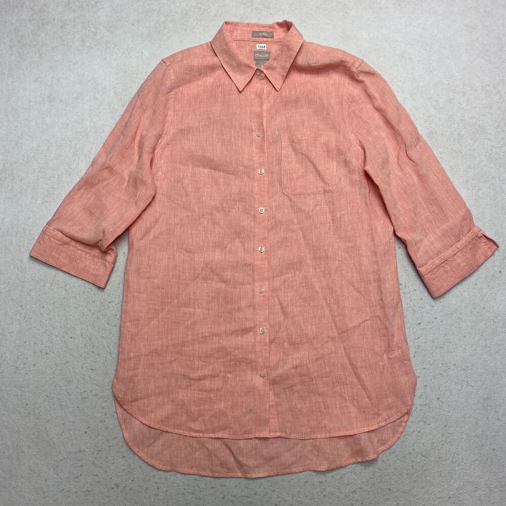 Chicos No Iron Tunic Shirt Women's 1 Salmon 3/4 Sleeve 100% Linen Blouse Dress - Picture 1 of 10